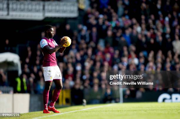 Axel Tuanzebe of Aston Villa during the Sky Bet Championship match between Fulham and Aston Villa at Craven Cottage on February 17, 2018 in London,...