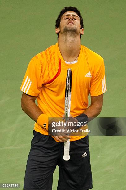 Novak Djokovic of Serbia reacts to a lost point against Nikolay Davydenko of Russia on their semi final match during day seven of 2009 Shanghai ATP...