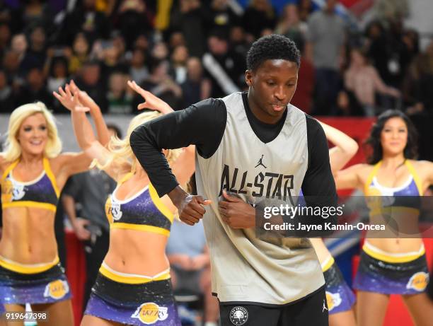 Victor Oladipo of Team LeBron shows some dance moves with the Los Angeles Laker girls for the upcoming 2018 NBA All-Star game during practice at the...