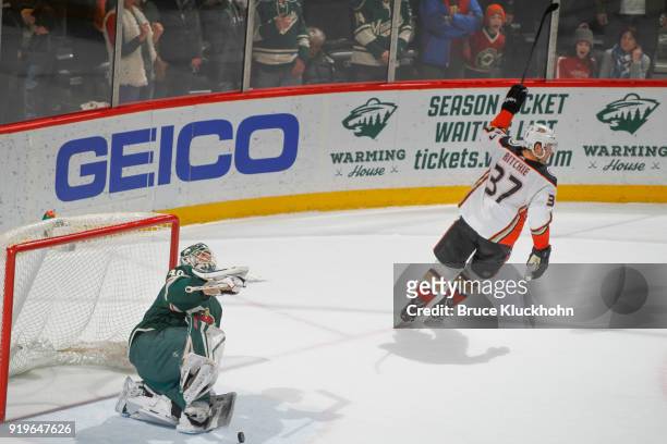Nick Ritchie of the Anaheim Ducks celebrates after scoring a goal in the overtime shootout against Devan Dubnyk of the Minnesota Wild during the game...
