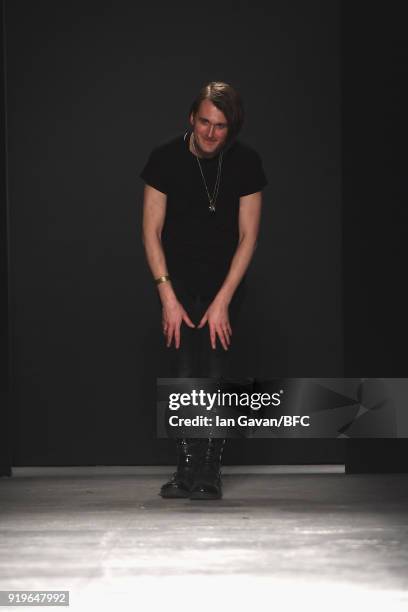 Fashion designer Gareth Pugh is seen on the runway at the Gareth Pugh show during London Fashion Week February 2018 at Ambika P3 on February 17, 2018...