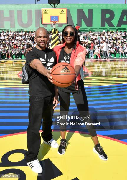 Darryl McDaniels, 'DMC', and Chiney Ogwumike at adidas Creates 747 Warehouse St. - an event in basketball culture on February 17, 2018 in Los...