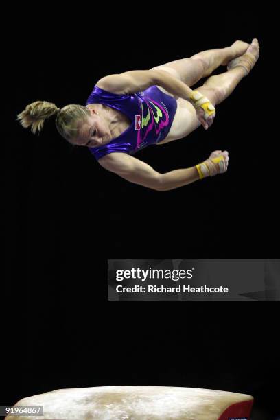 Ariella Kaeslin of Switzerland competes in the vault event during the Apparatus Finals on the fifth day of the Artistic Gymnastics World...