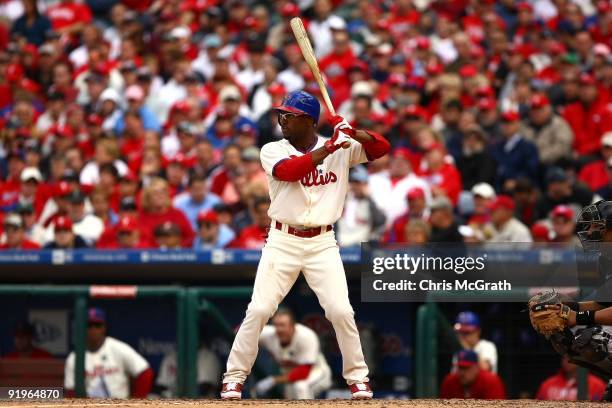 Jimmy Rollins of the Philadelphia Phillies bats against the Colorado Rockies in Game One of the NLDS during the 2009 MLB Playoffs at Citizens Bank...