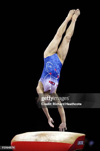 Un Jong Hong of North Korea competes in the vault event during the Apparatus Finals on the fifth day of the Artistic Gymnastics World Championships...