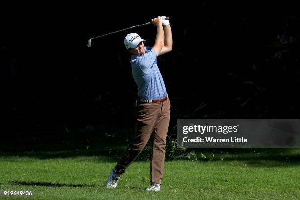 Derek Fathauer plays his shot on the 12th hole during the third round of the Genesis Open at Riviera Country Club on February 17, 2018 in Pacific...