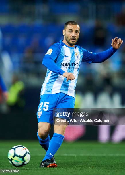 Medhi Lacen of Malaga CF controls the ball during the La Liga match between Malaga and Valencia at Estadio La Rosaleda on February 17, 2018 in...