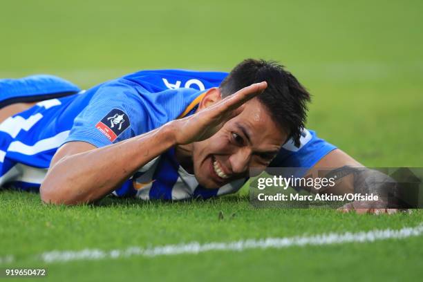 Leonardo Ulloa of Brighton and Hove Albion reacts after mission a chance during the FA Cup Fifth Round match between Brighton and Hove Albion and...