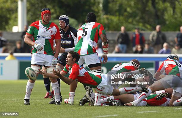 Dimitri Yachvili of Biarritz passes the ball during the Heineken Cup match between Biarritz Olympique and Gloucester at Parc de Sports Aguilera on...