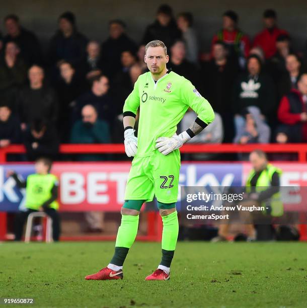 Lincoln City's Ryan Allsop during the Sky Bet League Two match between Crawley Town and Lincoln City at Broadfield Stadium on February 17, 2018 in...