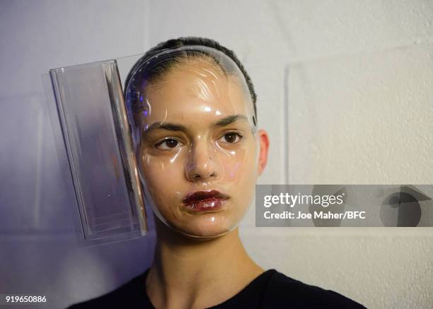 Model backstage ahead of the Chalayan show during London Fashion Week February 2018 at Sadlers Wells Theatre on February 17, 2018 in London, England.