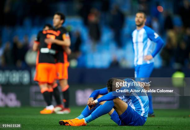 Youssef En-Nesyri of Malaga CF reacts during the La Liga match between Malaga CF and Valencia CF at Estadio La Rosaleda on February 17, 2018 in...
