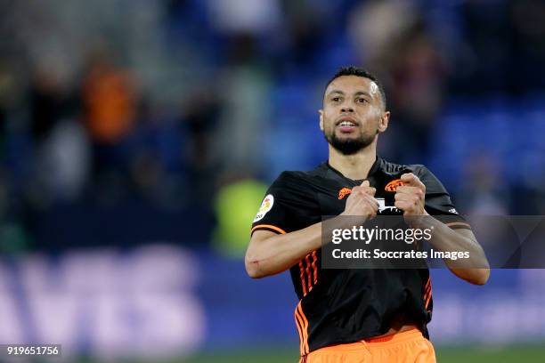 Francis Coquelin of Valencia CF celebrates the victory during the La Liga Santander match between Malaga v Valencia at the Estadio La Rosaleda on...