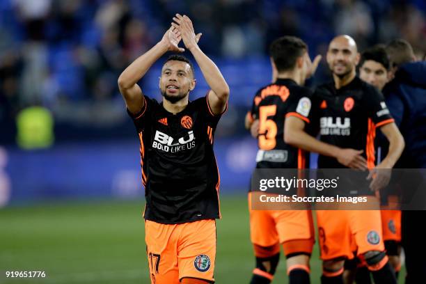 Francis Coquelin of Valencia CF celebrates the victory during the La Liga Santander match between Malaga v Valencia at the Estadio La Rosaleda on...