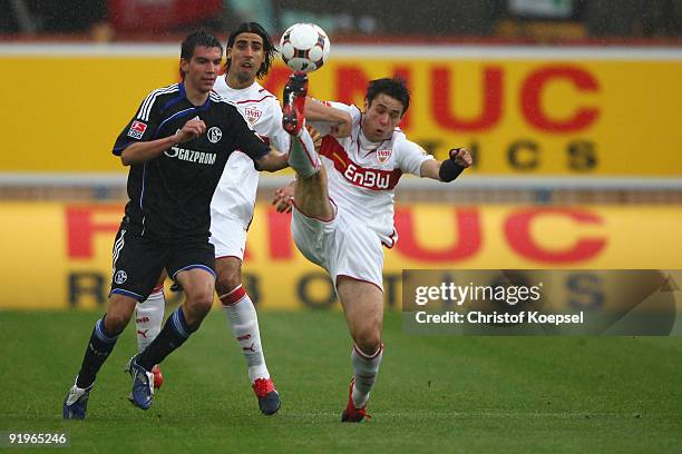 Christoph Moritz of Schalke battles for the with Christian Traesch of Stuttgart during the Bundesliga match between VfB Stuttgart and FC Schalke 04...