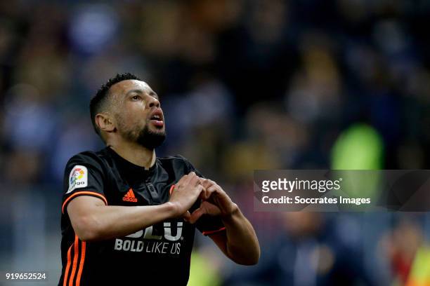 Francis Coquelin of Valencia CF celebrates 1-1 during the La Liga Santander match between Malaga v Valencia at the Estadio La Rosaleda on February...