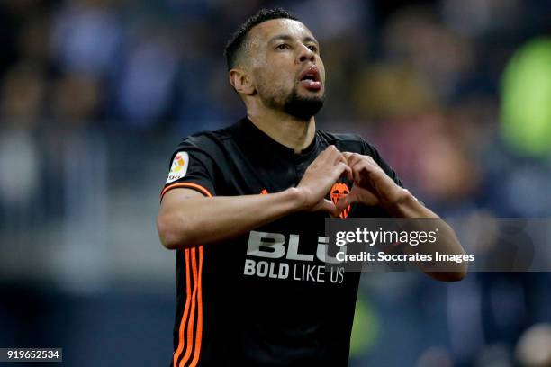 Francis Coquelin of Valencia CF celebrates 1-1 during the La Liga Santander match between Malaga v Valencia at the Estadio La Rosaleda on February...