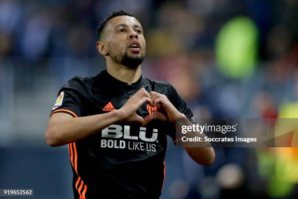 Francis Coquelin of Valencia CF celebrates 1-1 during the La Liga Santander match between Malaga v Valencia at the Estadio La Rosaleda on February...