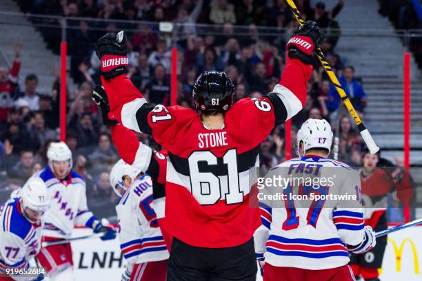 Ottawa Senators Right Wing Mark Stone celebrates a goal during third period National Hockey League action between the New York Rangers and Ottawa...