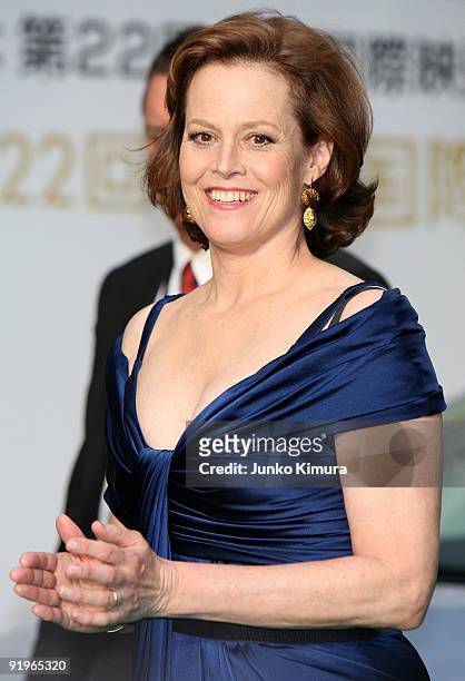 Actress Sigourney Weaver walks on the green carpet during the 22nd Tokyo International Film Festival Opening Ceremony at Roppongi Hills on October...