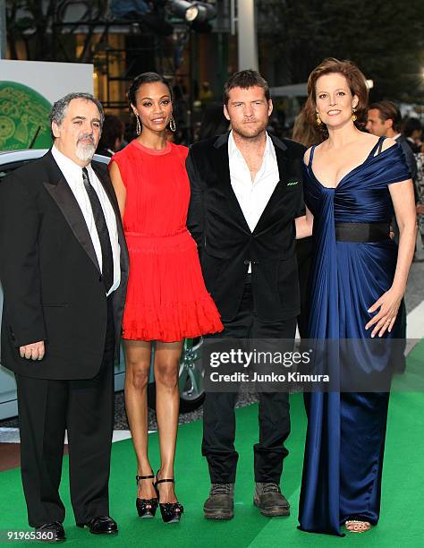 Actress Sigourney Weaver , actor Sam Worthington and Zoe Saldana walk on the green carpet during the 22nd Tokyo International Film Festival Opening...