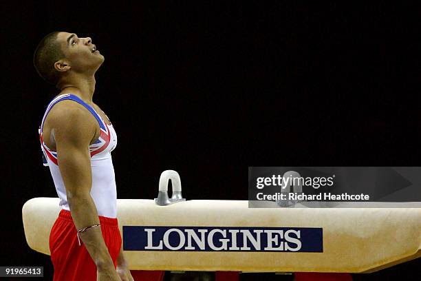 Louis Smith of Great Britain reacts after he competed on the pommel horse during the Apparatus Finals on the fifth day of the Artistic Gymnastics...