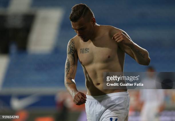 Os Belenenses forward Maurides from Brazil celebrates the victory with supporters at the end of the Primeira Liga match between GD Estoril Praia and...