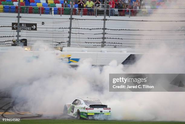 Tyler Reddick, driver of the BurgerFi Chevrolet, celebrates with a burnout after winning the NASCAR Xfinity Series PowerShares QQQ 300 at Daytona...