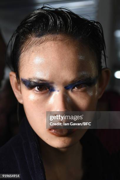 Model backstage ahead of the Gareth Pugh show during London Fashion Week February 2018 at Ambika P3 on February 17, 2018 in London, England.