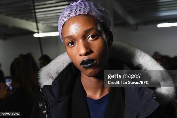 Model backstage ahead of the Gareth Pugh show during London Fashion Week February 2018 at Ambika P3 on February 17, 2018 in London, England.
