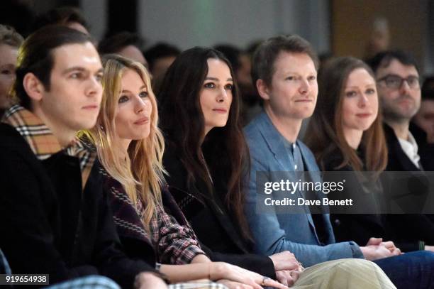 James Righton, Sienna Miller, Keira Knightley, Simon Woods, Chelsea Clinton and Marc Mezvinsky wearing Burberry at the Burberry February 2018 show...