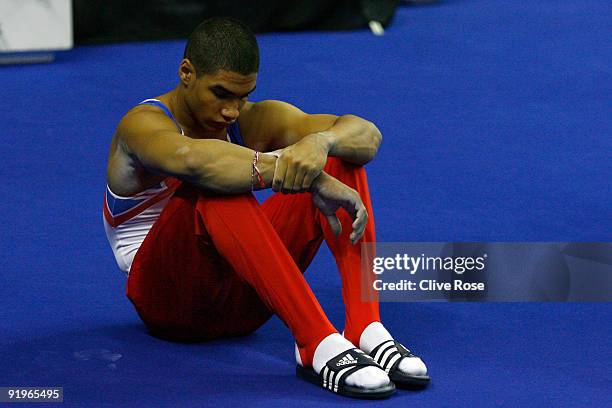 Louis Smith of Great Britain reacts after he competed on the pommel horse during the Apparatus Finals on the fifth day of the Artistic Gymnastics...