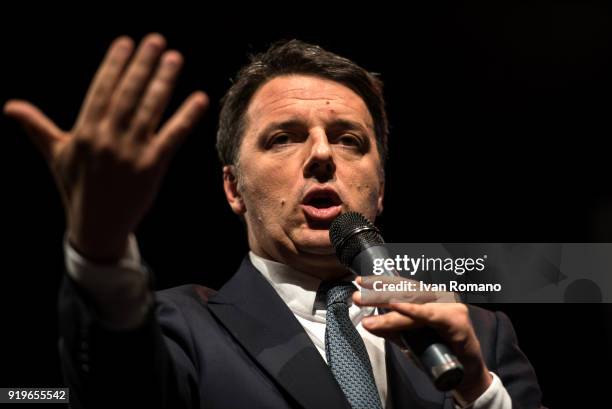 Matteo Renzi, leader of the Democratic Party candidate at the next Italian Political Elections attends a rally at the Sannazaro Theatre on February...