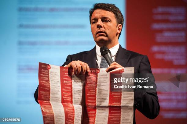 Matteo Renzi, leader of the Democratic Party candidate at the next Italian Political Elections attends a rally at the Sannazaro Theatre on February...
