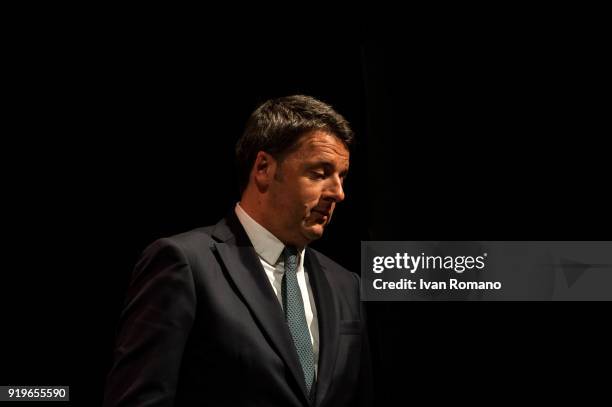 Matteo Renzi, leader of the Democratic Party candidate at the next Italian Political Elections attends a rally at the Sannazaro Theatre on February...