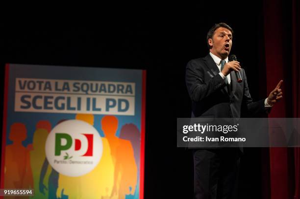 Matteo Renzi, leader of the Democratic Party candidate at the next Italian Political Elections attends a rally at the Sannazaro Theatre on February...