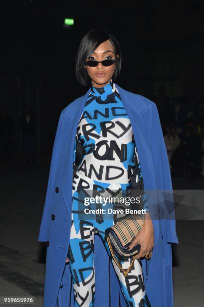 Jourdan Dunn wearing Burberry at the Burberry February 2018 show during London Fashion Week at Dimco Buildings on February 17, 2018 in London,...