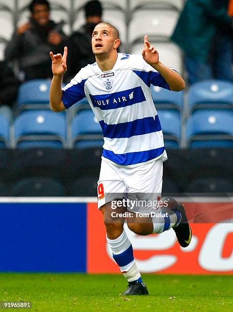 Adel Taarabt of Queens Park Rangers celebrates after scoring the opening goal during the Coca Cola Championship match between Queens Park Rangers and...