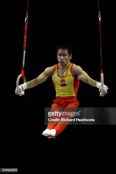 Mingyong Yan of China competes on the rings during the Apparatus Finals on the fifth day of the Artistic Gymnastics World Championships 2009 at the...
