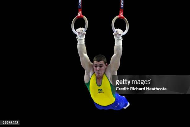 Arthur Nabarrete Zanetti of Brazil competes on the rings during the Apparatus Finals on the fifth day of the Artistic Gymnastics World Championships...