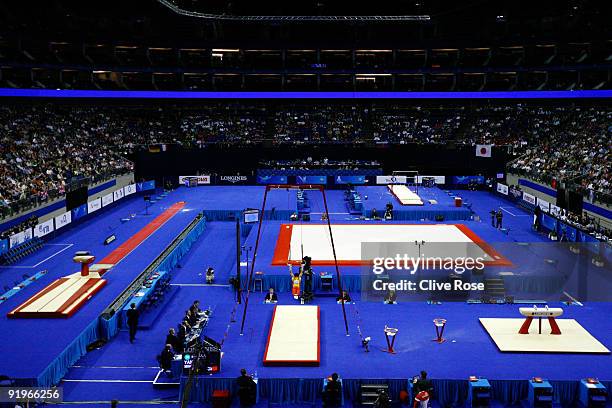 An overview of the O2 arena during the Apparatus Finals on the fifth day of the Artistic Gymnastics World Championships 2009 at the O2 Arena on...