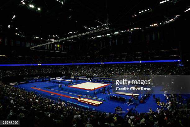 An overview of the O2 arena during the Apparatus Finals on the fifth day of the Artistic Gymnastics World Championships 2009 at the O2 Arena on...
