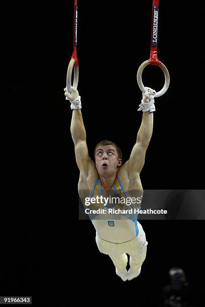 Oleksandr Vorobiov of Ukraine competes on the rings during the Apparatus Finals on the fifth day of the Artistic Gymnastics World Championships 2009...