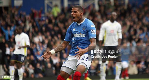 Kevin-Prince Boateng of Portsmouth celebrates his first goial during the Barclays Premier League match between Portsmouth and Tottenham Hotspur at...