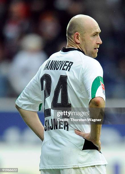 Jiri Stajner of Hannover looks disappointed after losing the Bundesliga match between Eintracht Frankfurt and Hannover 96 at Commerzbank Arena on...