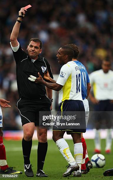 RefereePhilip Dowd shows Jermain Defoe a red card during the Barclays Premier League match between Portsmouth and Tottenham Hotspur at Fratton Park...