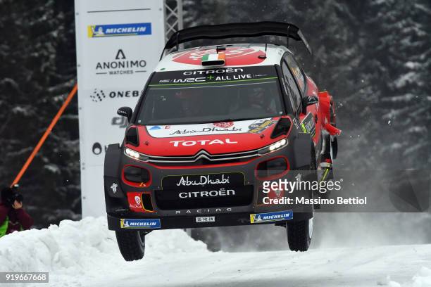 Craig Breen of Ireland and Scott Martin of Great Britain compete in their Citroen Total Ab Dhabi WRT Citroen C3 WRC during Day Two of the WRC Sweden...