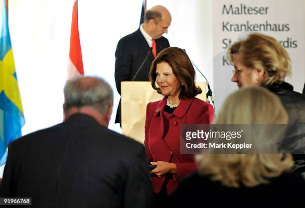 Queen Silvia of Sweden leaves the stage after the opening ceremony of the first german section in a hospital for dementia patients following the...