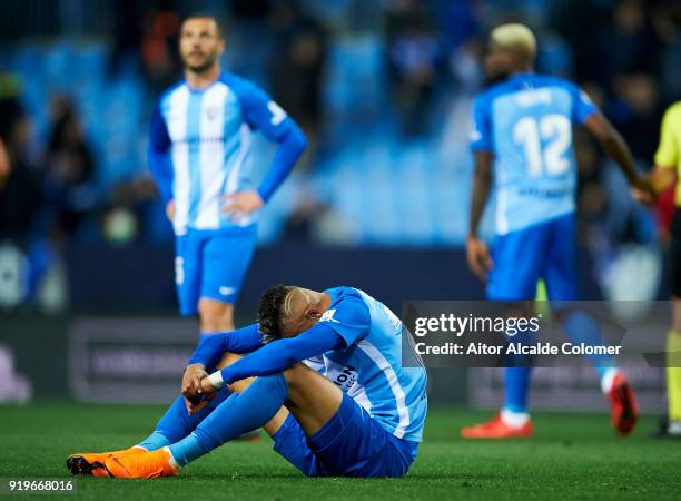 Youssef En-Nesyri of Malaga CF reacts during the La Liga match between Malaga CF and Valencia CF at Estadio La Rosaleda on February 17, 2018 in...