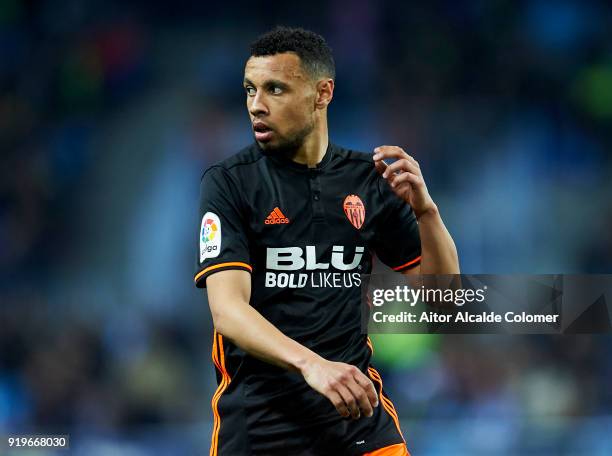 Francis Coquelin of Valencia CF reacts during the La Liga match between Malaga CF and Valencia CF at Estadio La Rosaleda on February 17, 2018 in...